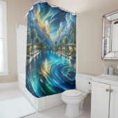「穏やかな夜のプールシーン鮮やか – 屋外アート」 シャワーカーテン (インサイチュ)