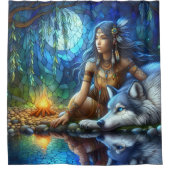 穏やかな夜の川と先住民と狼 シャワーカーテン (正面)