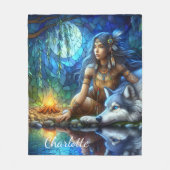 穏やかな夜の川と先住民と狼 フリースブランケット (正面)