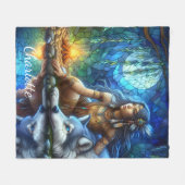 穏やかな夜の川と先住民と狼 フリースブランケット (正面(横))