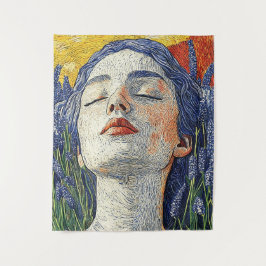 穏やかな女性ラベンダーフィールドサンセットテクスチャード タペストリー