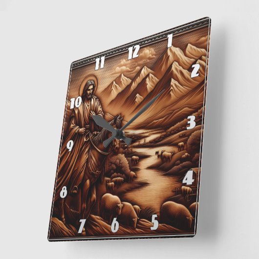 穏やかな山々を馬に乗るイエス スクエア壁時計 (傾斜)