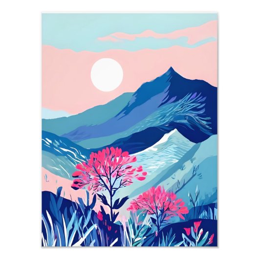 穏やかな山の夕日とピンクの花 フォトプリント (正面)