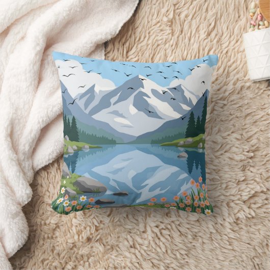 穏やかな山の湖のスロー枕 クッション (ブランケット)