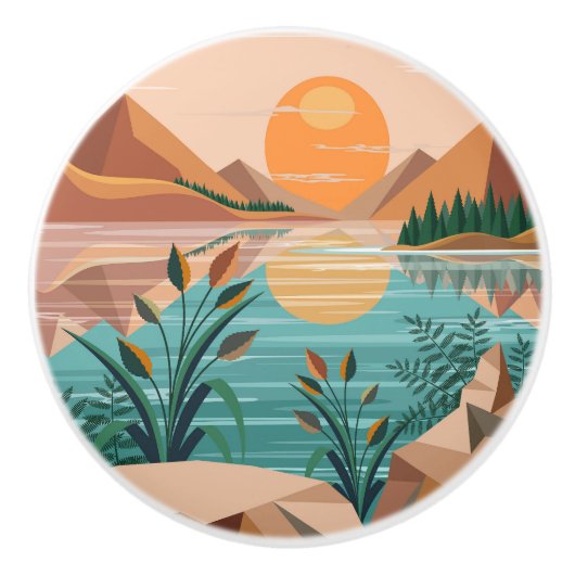 穏やかな山の湖の夕焼け風景 セラミックノブ (正面)