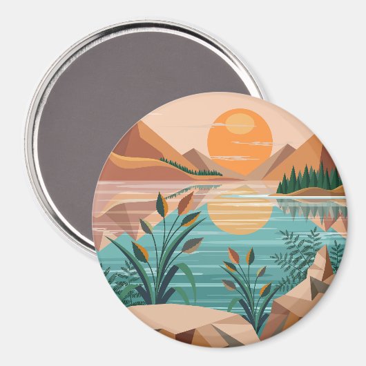 穏やかな山の湖の夕焼け風景 マグネット (正面/裏面)