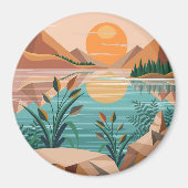穏やかな山の湖の夕焼け風景 マグネット (正面)