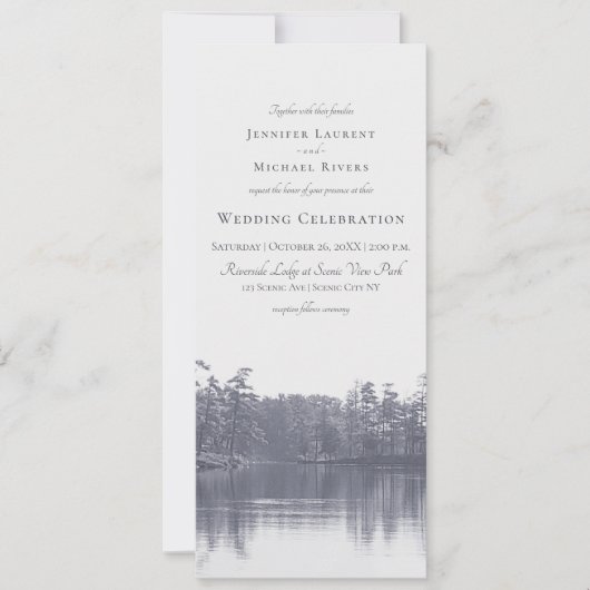 穏やかな山の湖の風景ブルー結婚グレイ 招待状 (正面)