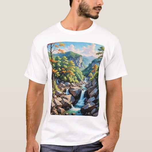 穏やかな山の滝の風景 Tシャツ (正面)