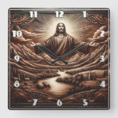 穏やかな山の風景でイエス様を迎え スクエア壁時計 (正面)