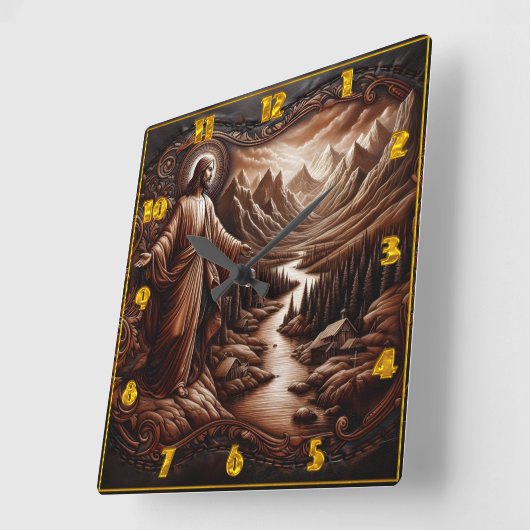 穏やかな山の風景でイエス様を迎え スクエア壁時計 (傾斜)