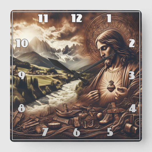 穏やかな山の風景を見下ろすイエス スクエア壁時計 (正面)
