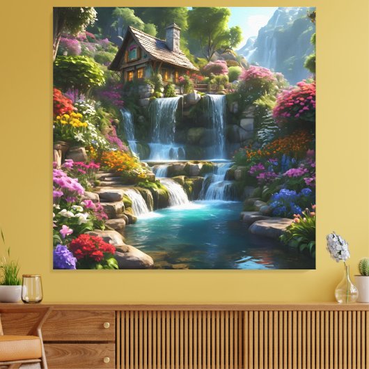穏やかな山小屋の滝の花 キャンバスプリント (インサイチュ (リビング))