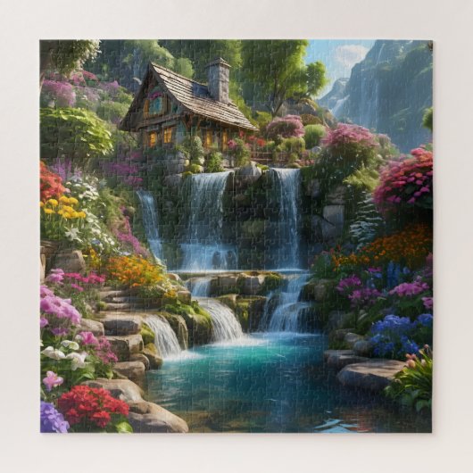 穏やかな山小屋の滝の花 ジグソーパズル (縦)