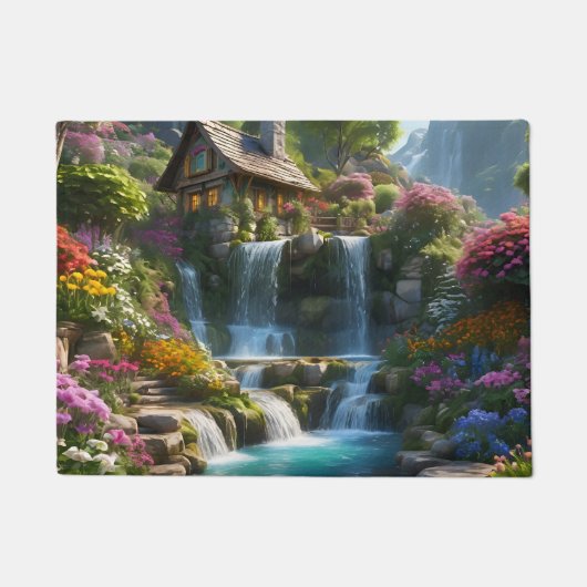 穏やかな山小屋の滝の花 ドアマット (正面)