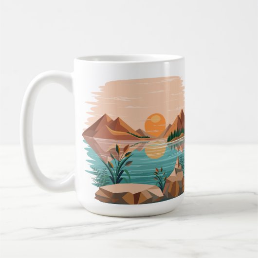 穏やかな山湖の夕焼け風景 コーヒーマグカップ (左)