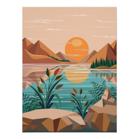 穏やかな山湖の夕焼け風景 ポスター (正面)