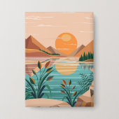 穏やかな山湖の夕焼け風景 缶バッジ (正面)