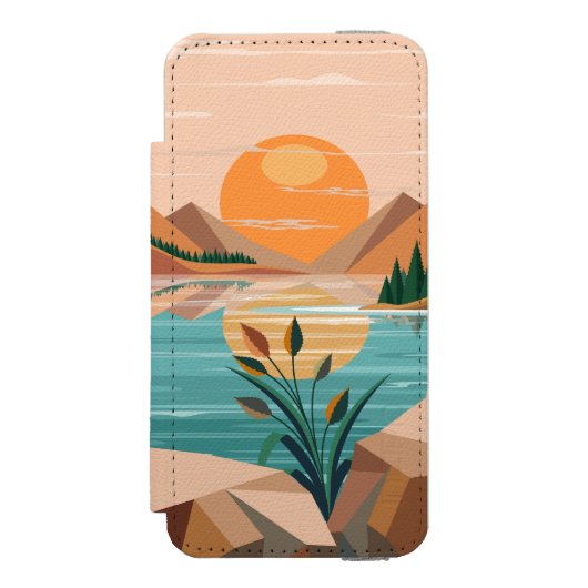 穏やかな山湖の夕焼け風景 INCIPIO iPhoneウォレットケース (フォリオ 正面)