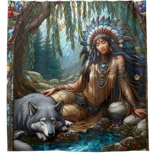 穏やかな川のシーンと先住民と狼 シャワーカーテン (正面)