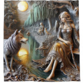 穏やかな川の夜、インディアンと狼 シャワーカーテン (正面)