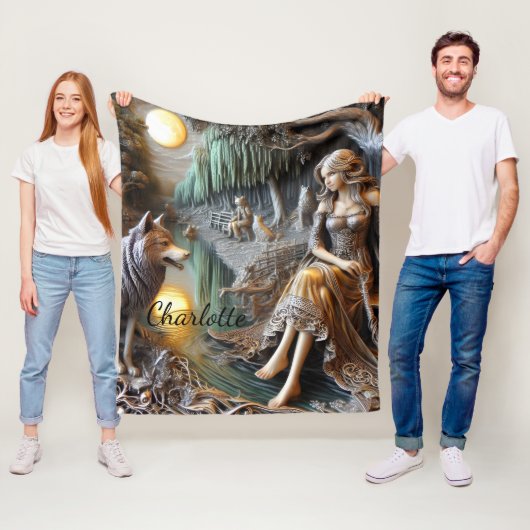 穏やかな川の夜、インディアンと狼 フリースブランケット (インサイチュ)