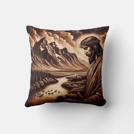 穏やかな川の風景を見下ろすイエス クッション (裏面)