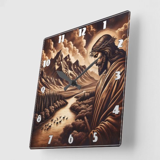 穏やかな川の風景を見下ろすイエス スクエア壁時計 (傾斜)