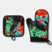 穏やかな抽象芸術ポットホルダーとオーブンミット、フラワー穏やかな 鍋つかみ&鍋敷きセット (正面)