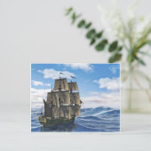 穏やかな日に航行するコルベットの帆船 ポストカード (スタンド正面)