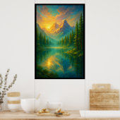 穏やかな日の出の上の鏡湖 ポスター (キッチン)