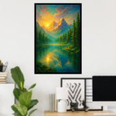 穏やかな日の出の上の鏡湖 ポスター (ホームオフィス)