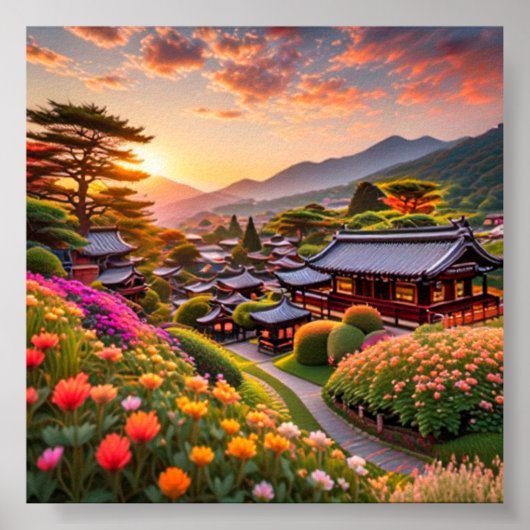 穏やかな日の日本の入りガーデン風景 ポスター (正面)