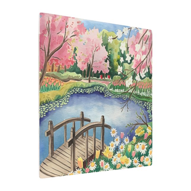 穏やかな春ガーデンウォーターカラーランドスケープ メタルプリント (アングル)