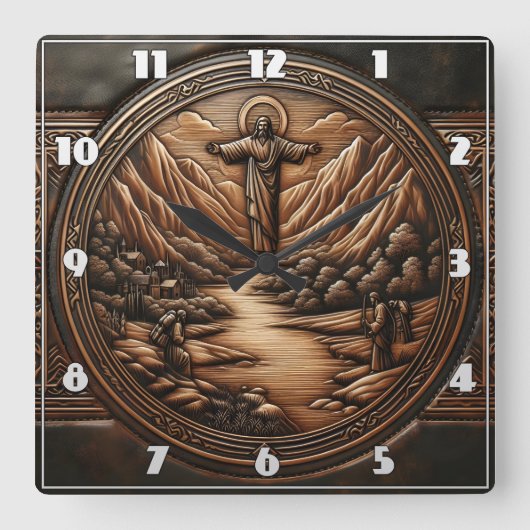 穏やかな景色の上に立つイエス スクエア壁時計 (正面)