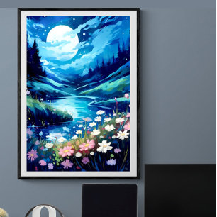 穏やかな月の夜のフローラストリーム風景 愛 ポスター