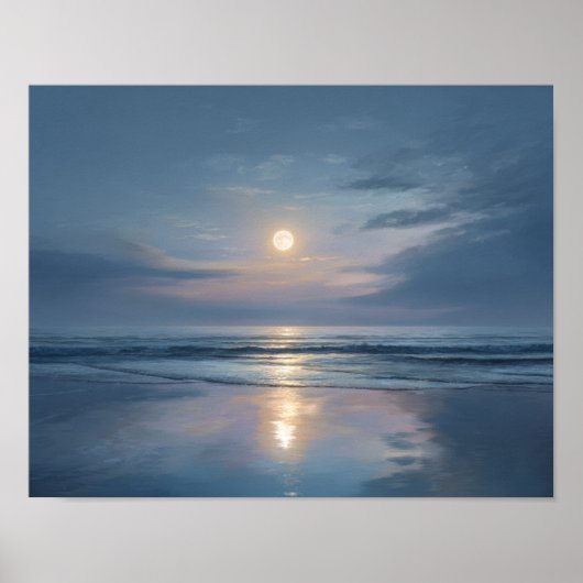 穏やかな月の海の壁アート | ミニマルな夜の海景色 ポスター (正面)