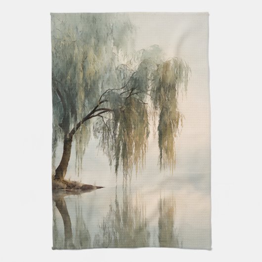 穏やかな柳の木の反射自然アート (13) キッチンタオル (縦)