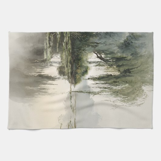 穏やかな柳の木の反射自然アート(2) キッチンタオル (横)