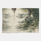 穏やかな柳の木の湖面反射自然アート（11） キッチンタオル (横)