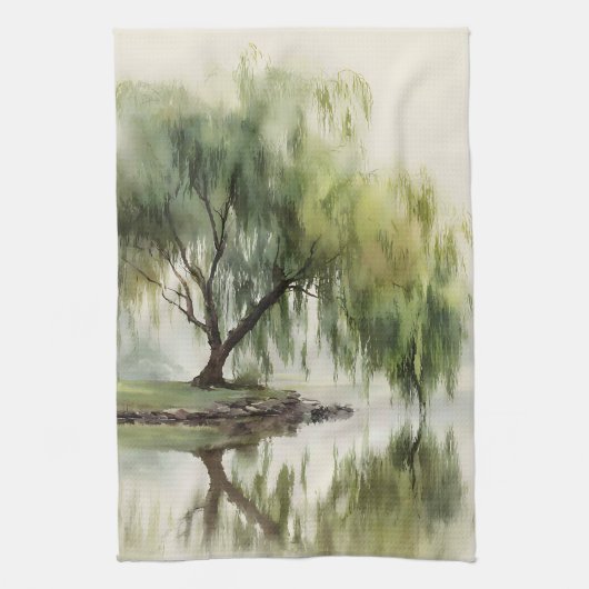 穏やかな柳の木の湖面反射自然アート（12） キッチンタオル (縦)