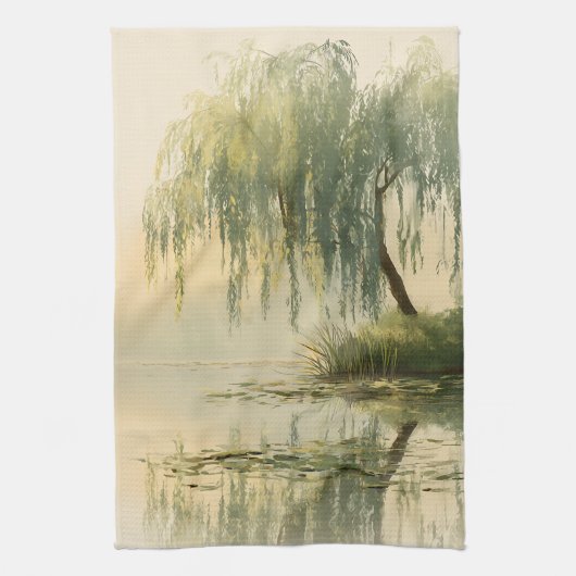 穏やかな柳の木の湖面反射自然アート(1) キッチンタオル (縦)