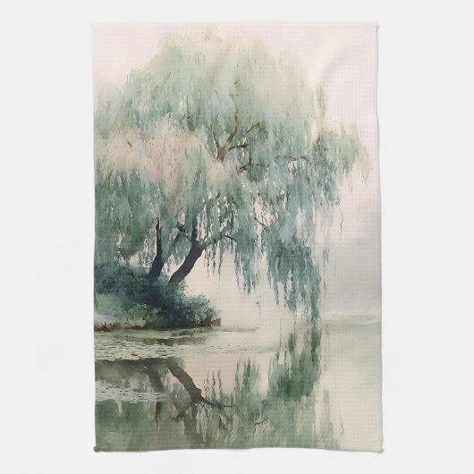 穏やかな柳の木の湖面反射自然アート（7） キッチンタオル (縦)