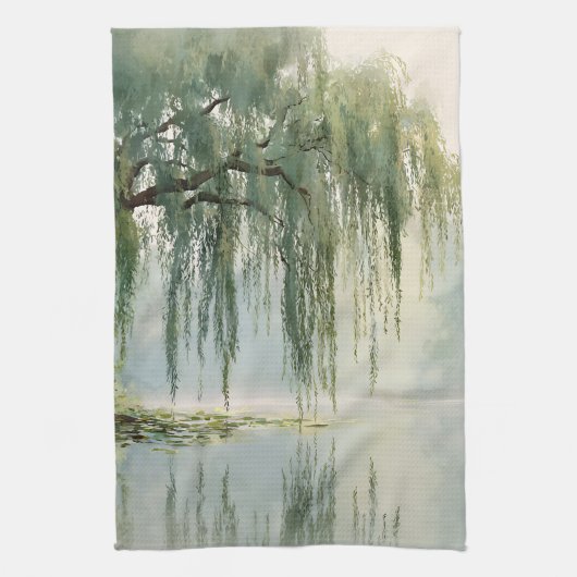 穏やかな柳の木の湖面反射自然アート（9） キッチンタオル (縦)