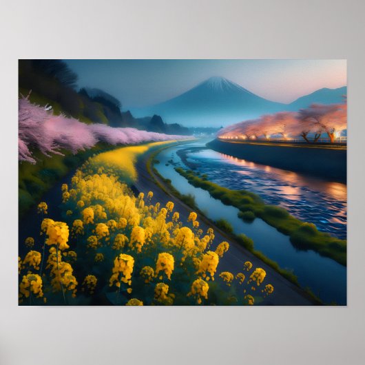 穏やかな桜と山威厳のあるの花 ポスター (正面)