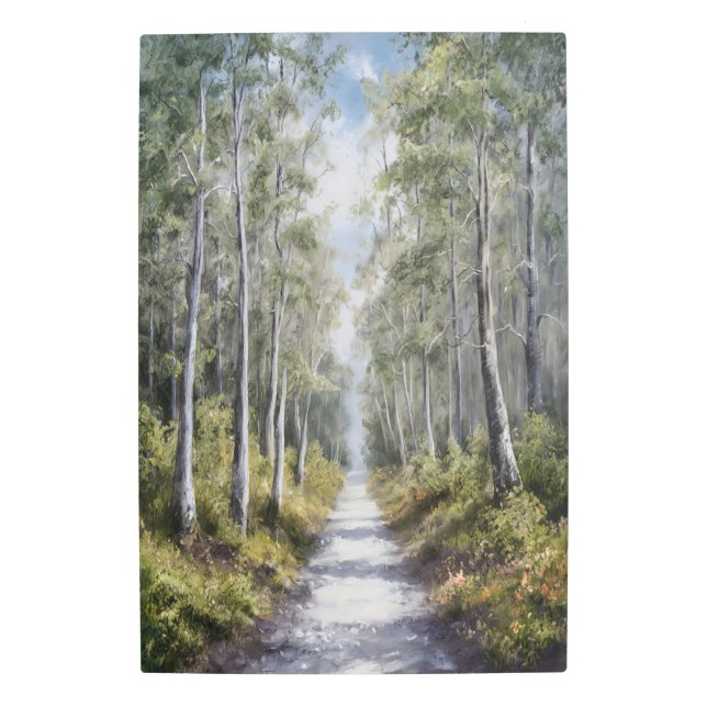 穏やかな森のパス – 静かな自然風景 メタルプリント (正面)