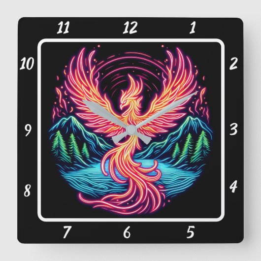 穏やかな森の上のフェニックスグローブ スクエア壁時計 (正面)