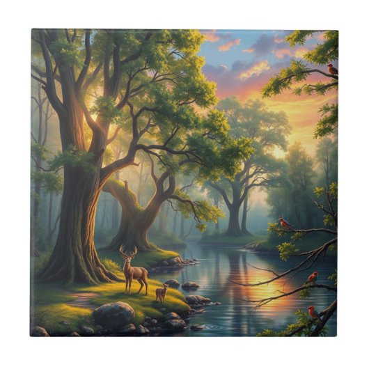 穏やかな森の静穏アットドーン自然アートワーク タイル (正面)