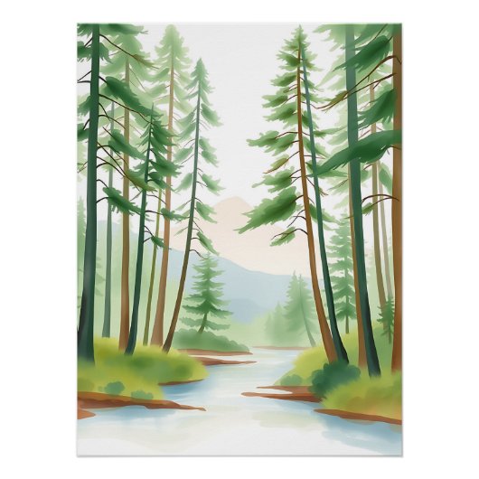 穏やかな森の風景（水彩画） ポスター (正面)
