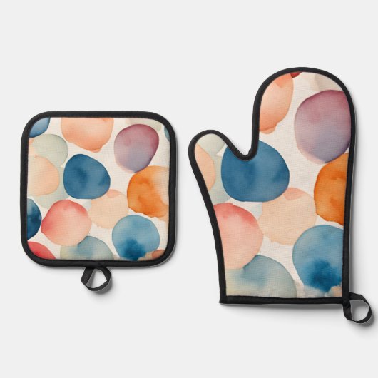 穏やかな水彩ドット 鍋つかみ&鍋敷きセット (正面)